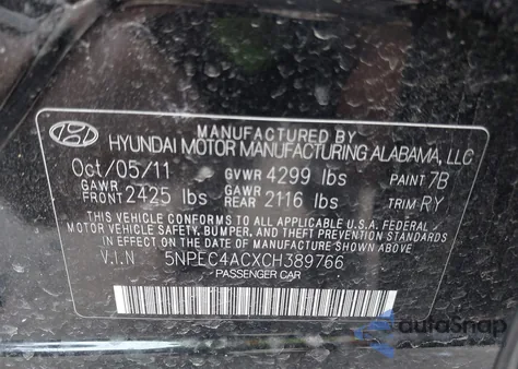 2012 Hyundai Sonata Se z USA, uszkodzony, nr VIN 5NPEC4ACXCH389766